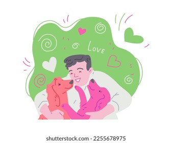 Love between dog and owner with man petting and hugging his dog, flat cartoon vector illustration isolated on white background. Relationships between humans and pets.