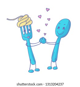 Love between fork and spoon. Vector illustration on white background.