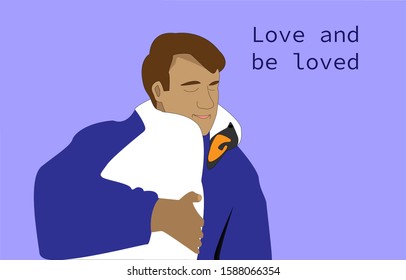 love between a man and his pet. a man holds a swan and hands. the bird hugged its owner with its neck. cute hand-drawn picture