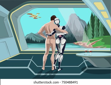 The Love Between Man And Robot Woman. A Relationship Between A Robot And Human. Illustration Of Concept Futuristic Couple