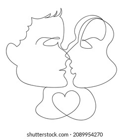 Love between a man and a woman one continuous line drawing silhouettes of lovers on a white background black line facing the profiles valentine's day postcard minimalism Vector illustration
