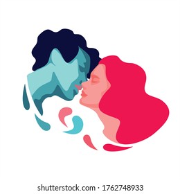 Love between a man and a woman. Relations. World Kiss Day. Valentine's Day. Beautiful couple is kissing. Abstract illustration of love. Magical feelings. For print, poster, postcard. Gift for a loved