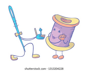Love between needle and thread. Vector illustration on white background.