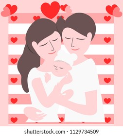 
Love between parents and baby with small hearts, vector images