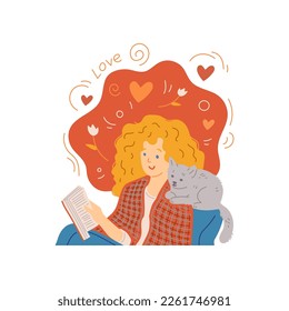 Amor entre mascotas y dueños diseño decorativo de pancartas con mujeres y sus personajes de gato, ilustración de vectores de caricatura plana aislada en fondo blanco.