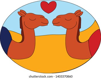 A love between two camels with a heart symbol between them , vector, color drawing or illustration.