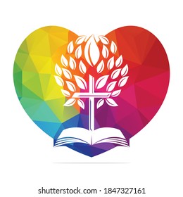 Love Bible Cross Tree Logo Design. Christian Heart Church Tree Cross  Vector Template Design.