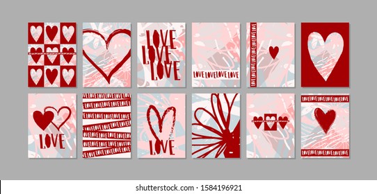 Love. Big set of modern romantic designer mockups. Pink and red poster with heart and text for wedding, cards, Valentine's day, invitation, birthday. Flat stock vector illustration.