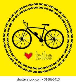 Love bike icon (logo or label). Isolated Black Silhouette of bicycle in chain circles. Vector Illustration