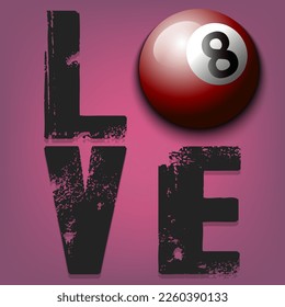 Love and billiard ball. Happy Valentines Day. Design pattern for greeting card, banner, poster on an isolated background. Vector illustration
