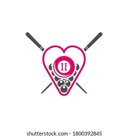 Vector de diseño del logo de Love Billiards. Etiquetas deportivas para el salón de la piscina. Plantilla de logotipo del club Billiards.