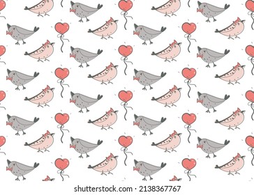 Love Bird doodle seamless pattern. Hand drawn elements, balloon, heart, kids cartoon style design illustration. Grey pink color palette. Transparent background. Vector illustration