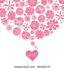 Love, bird and flowers. Vector postcard.