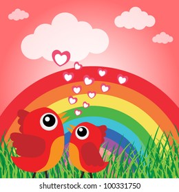 Love bird with hearts and rainbow