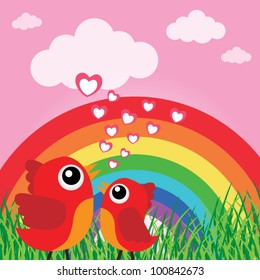 Love bird with hearts and rainbow