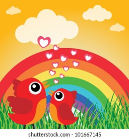 Love bird with hearts and rainbow