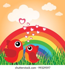 Love bird with hearts and rainbow