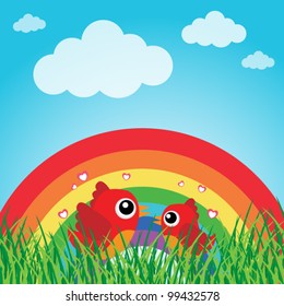 Love bird with hearts and rainbow