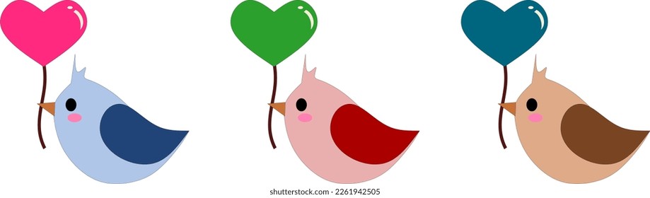 love bird with pink green blue heart balloons color