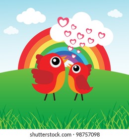 Love bird and rainbow with hearts