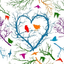 Love Bird Tree Seamless Background. Hand Drawing. Not AI. Happy Valentine's Day. SstkLOVE. Vector Illustration.