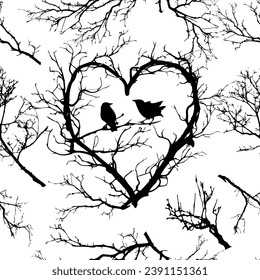 love bird tree Seamless background. hand drawing. Not AI. sstkLOVE. Happy Valentine's Day. Vector illustration.