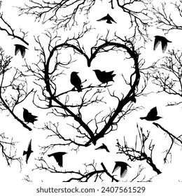 love bird tree Seamless background. hand drawing. Not AI. sstkLOVE . Happy Valentine's Day. Vector illustration.