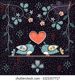 Love Bird Tree. Vector Card for Valentine Day. Scandinavian Design. Vector Illustration