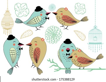 Love Birds and Birdcages Clipart in Vector