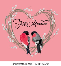 Love birds - card for Valentine's day. Just married hand lettering for wedding cards and invitation. Vector illustration. 