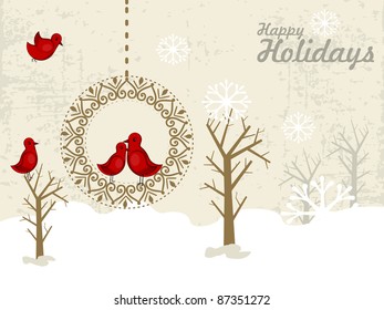Amantes con forma de círculo decorada y otras aves sentadas sobre fondo de copos de nieve gruesos