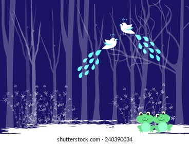 Love birds in the forest-Vector illustration