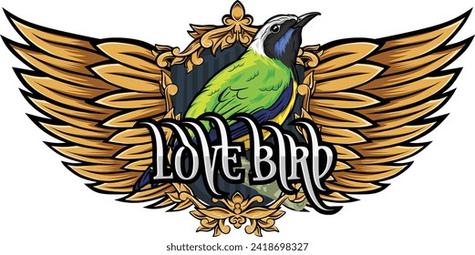 love birds with gold plant ornaments and gold wings and the text ´´LOVE BIRD´´