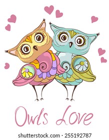 Love birds. Greeting card with cute owls couple. Vector hand drawn illustration