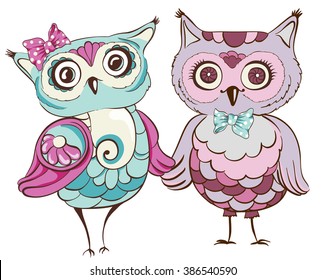 Love birds. Greeting card with cute owls couple. Vector hand drawn illustration