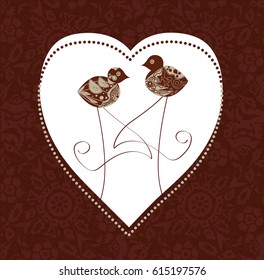 Love of birds. Greeting card. Ornamental design