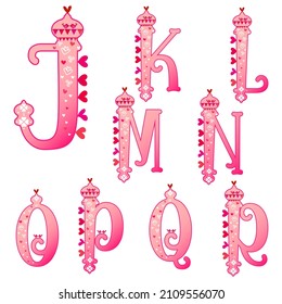 Love birds and heart patterns. Baby pink uppercase alphabets. Valentines day letter set. Romantic cute characters. Lettering vector. Logo initials. Use in Story books anniversary birthday greetings.