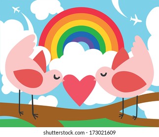 Love Birds with a Heart and Symbolic Rainbow