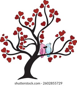 Love Birds In Heart Tree Illustration