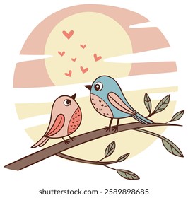 Love Birds With Hearts Vector illustration.