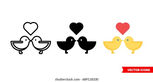 Love birds icon of 3 types: color, black and white, outline. Isolated vector sign symbol.