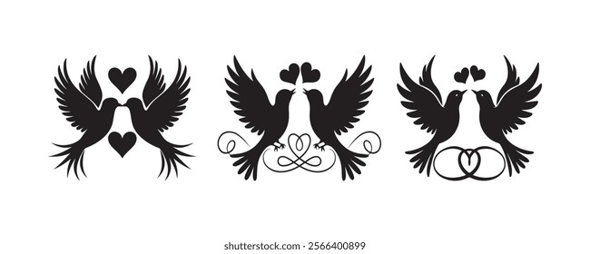 Love birds icon set silhouette vector illustration, symbolizing love and romance. Valentine's Day or romantic themed designs.