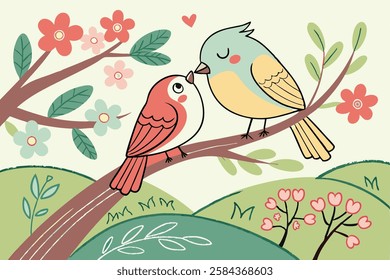 Love birds illustrations of birds perched together