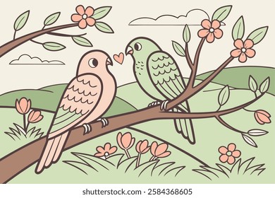 Love birds illustrations of birds perched together