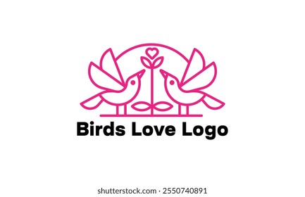 Love birds neon sign. Glowing neon two birds and purple heart on brick wall background. Vector illustration can be used for wedding, marriage,