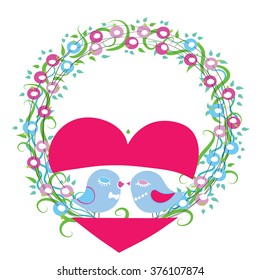 Love birds nest with wild flowers and herbs - detailed contour wreath circle frame, isolated on white.Cute birds sitting in heart with round garland around. For  greeting card, wedding announcements.