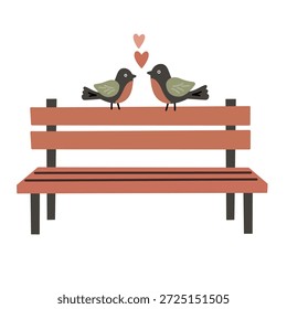 Love birds on bench in flat illustration for romantic story theme. Perfect for Valentine cards, love symbols, and cute illustrations.