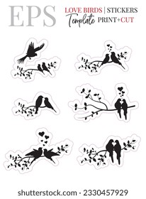 Love birds on branch stickers, vector. Print and cut sticker design isolated on white background. Minimalist black and white art design