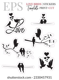 Love birds on branch stickers, vector. Print and cut sticker design isolated on white background. Minimalist black and white art design