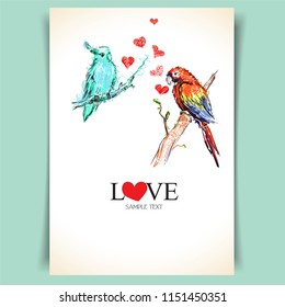 Love birds on branch. Valentine's day card